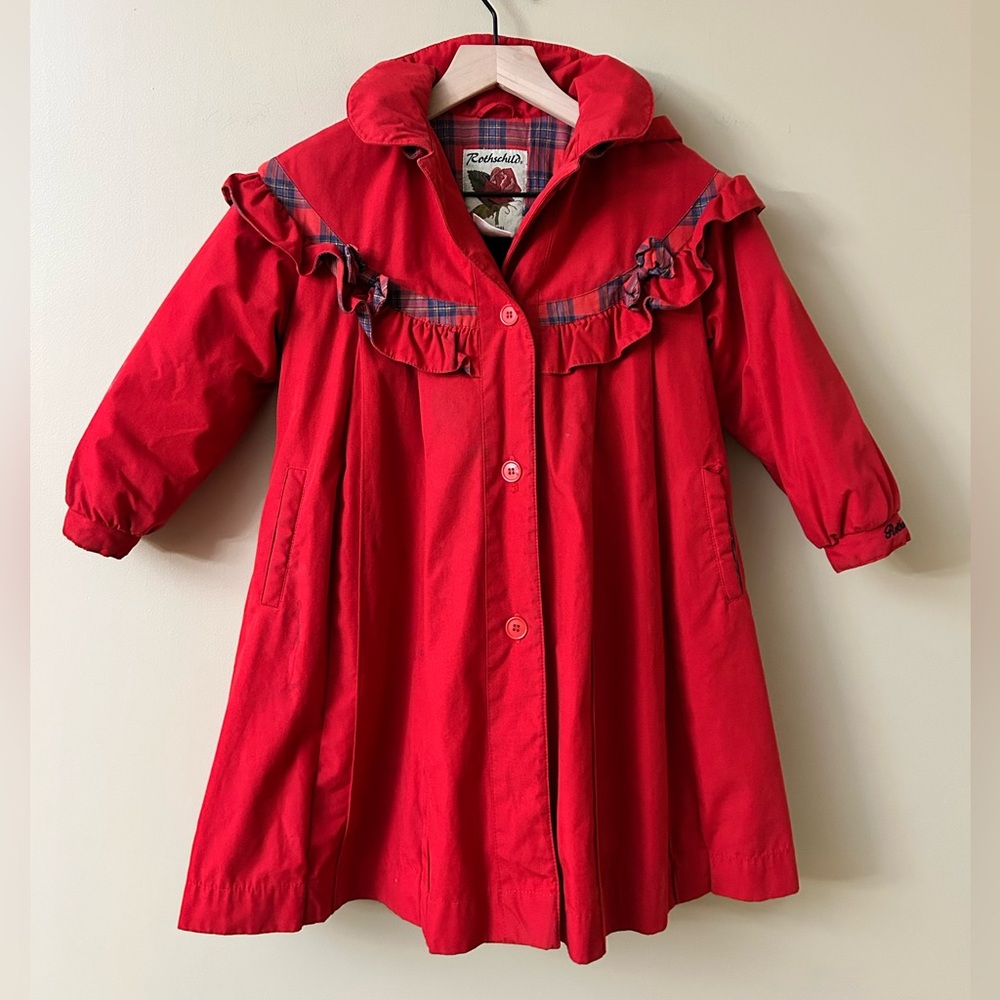 Vintage Rothschild Red Pleated Dress Coat Plaid Trim Bows Hooded 80s